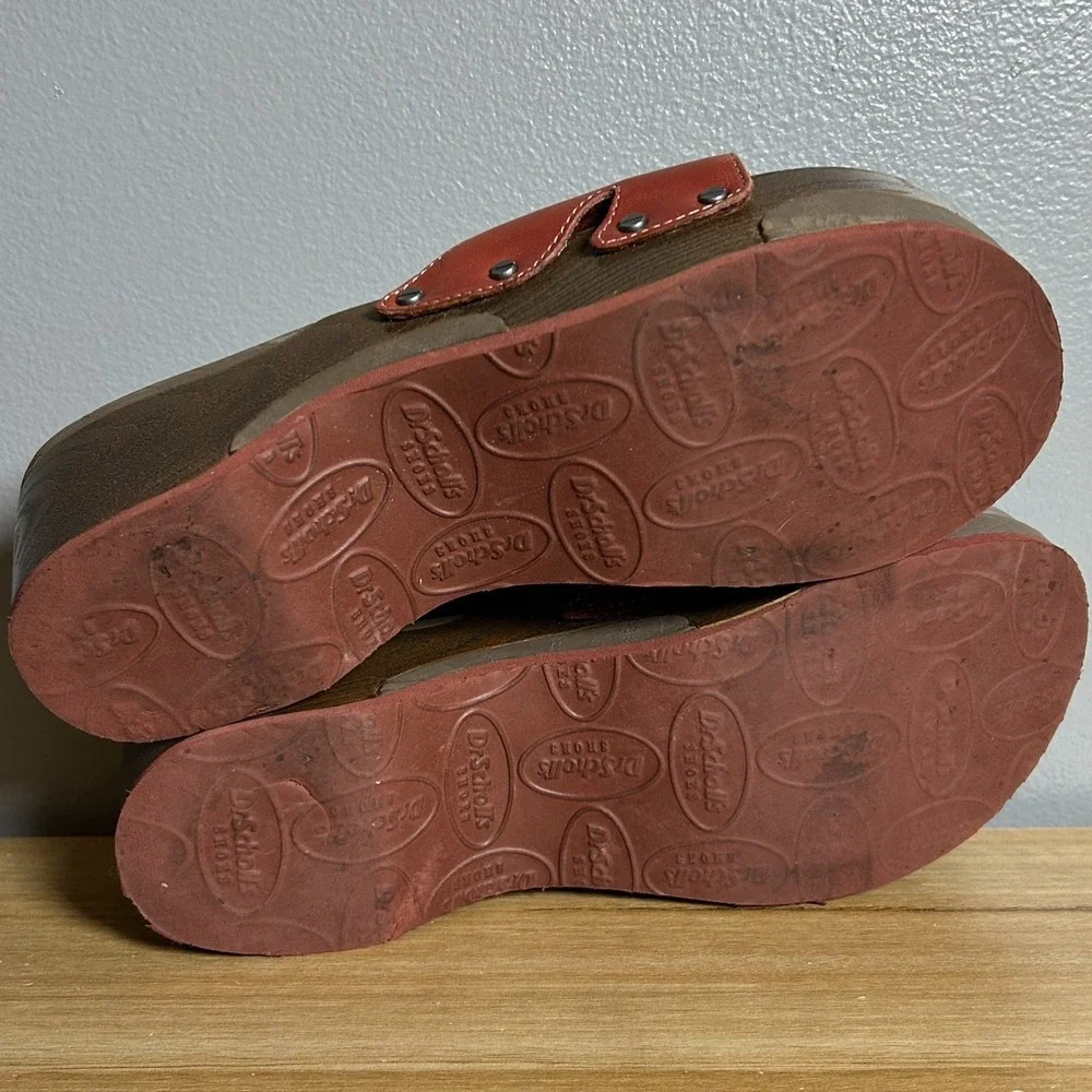 Dr. Scholl's Vintage Y2K 2000s Brick Red Leather Wedge Buckle Slide Sandals
